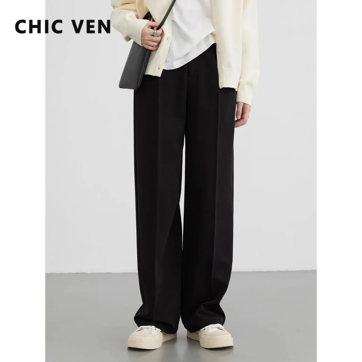 CHIC VEN Women Pants Loose Streetwear New Solid High Waist Straight Tube Trousers Casual Floor Towers Pant Spring Autumn 2023