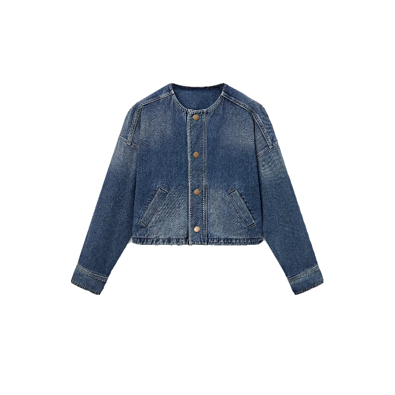 

Spring Summer New Faion Loose Retro Blue Pure Cotton ort round Ne Denim Jaet Women's Coat Sli Commute Sle Thin ...
