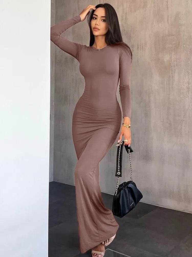 Trend Solid Color Slim Long Dresses Women Spring Autumn New Long Sleeve O Neck Package Hip Bodycon Dress Vestido Lady Streetwear — zdjęcie 5