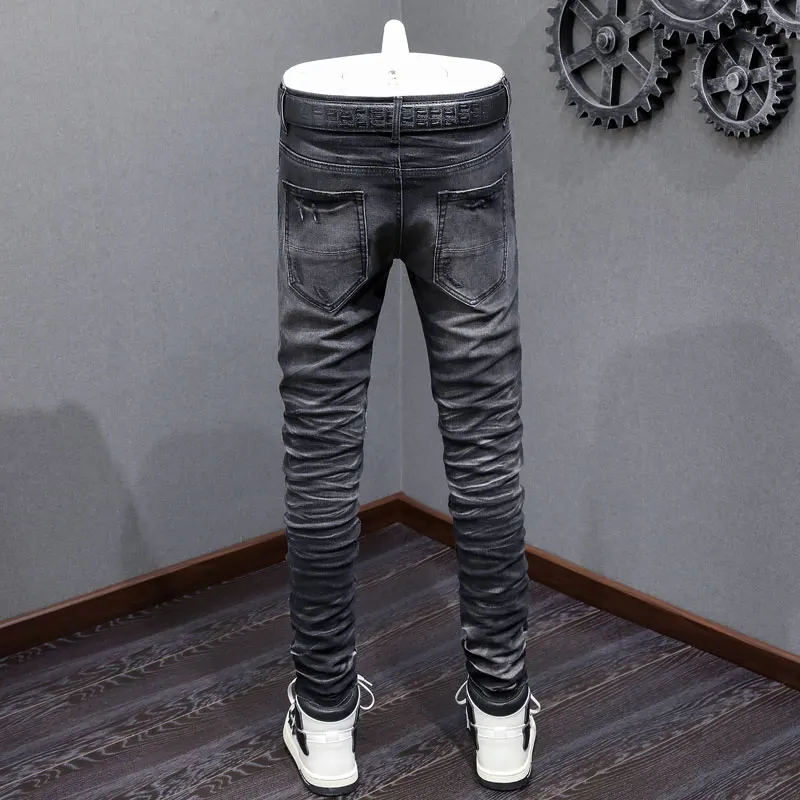 High Street Fashion Men Jeans Retro Black Gray Stretch Skinny Fit Ripped Jeans Men Green Patched Designer Hip Hop Brand Pants