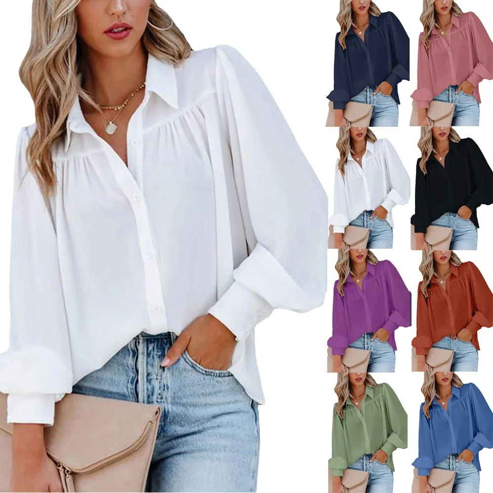 

Loose Long Sve Women's irt Comfortable Breathable Casual Sle Pure Color Button Detail Polyester Fiber Top