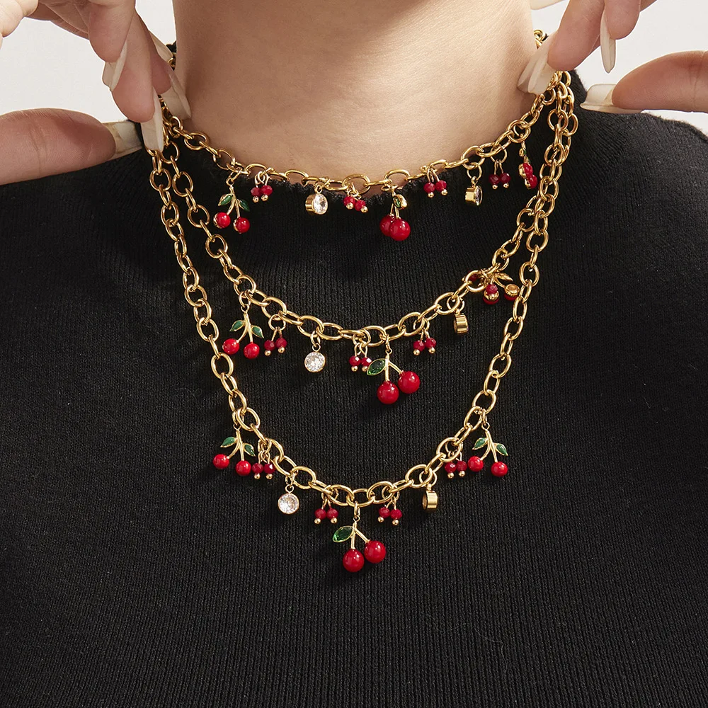 

ENFASHION Aretes De Mujer Cherry Zircon Pendant Necklace For Women's Stainless steel 18K Plated Gold Fashion Jewelry P253630