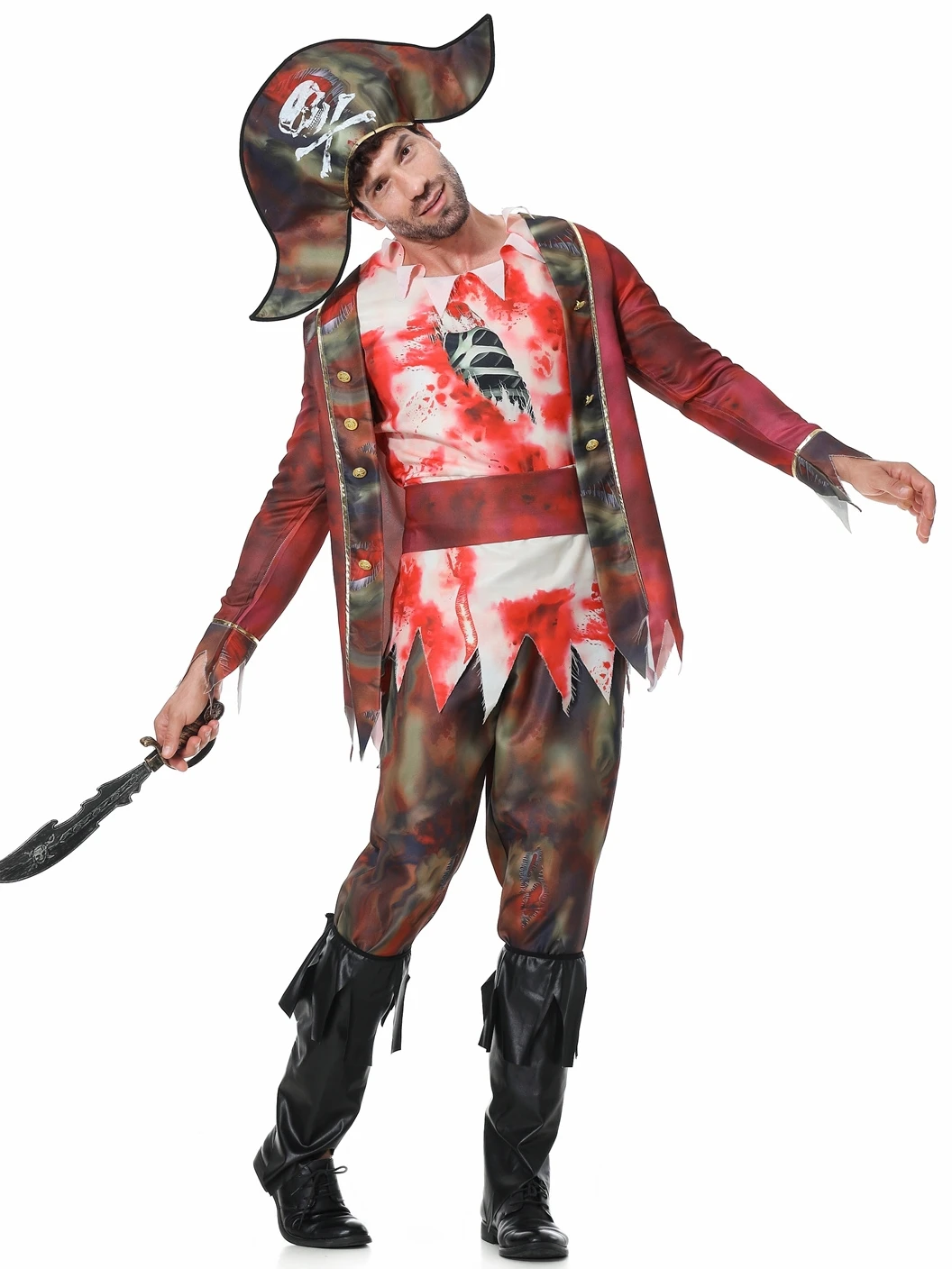 

2023 New Halloween Costume Cosplay Bloodstained Zombie Caribbean Pirate Captain Party Role-playing Set Women's Polyester