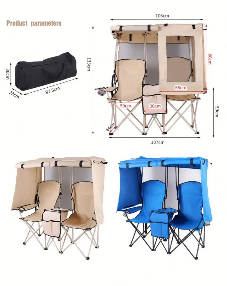 Double Folding Camping Chair With Integrated Canopy Sun Shade 2-Person Outdoor Beach Fishing Director Chair With Bag Cup Holder