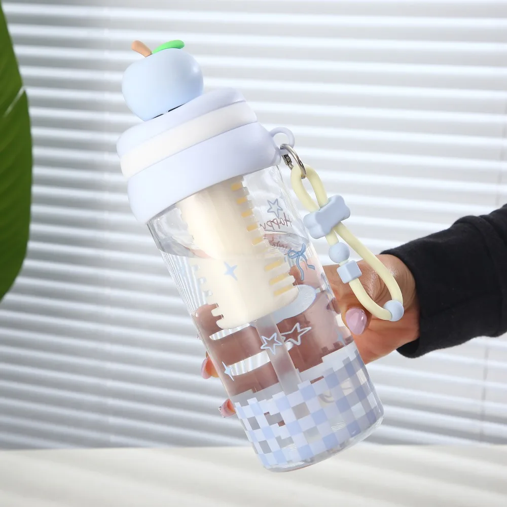 Plastic Student Straw Water Bottle with Filter and Straw Fruit Topper Flower Tea Cup Transparent Leak-proof Drinking Cup Girls