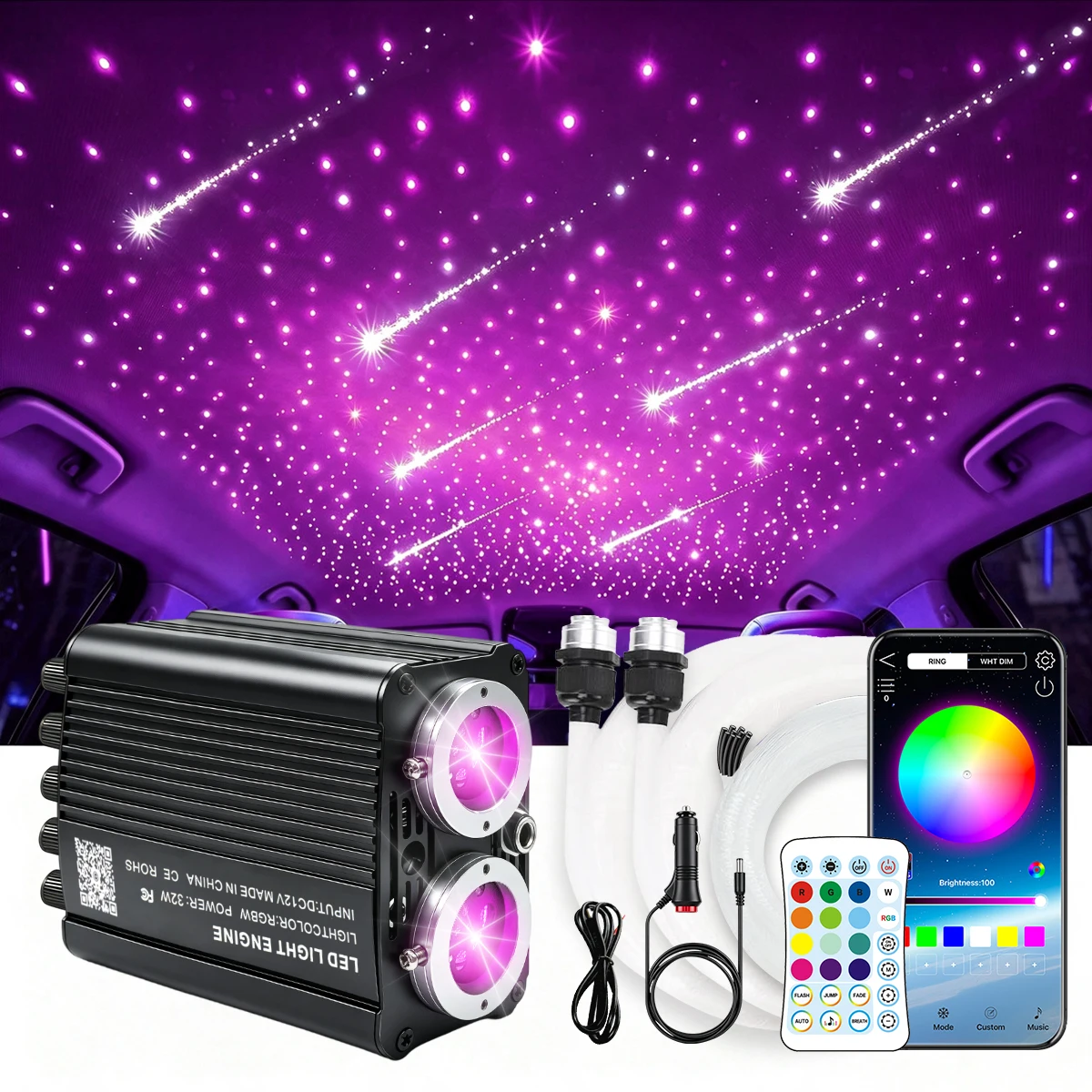 24W RGBW Starlight Headliner Kit, 1200pcs 0.03in Fiber Optic Strands 6.5ft/9.8ft/13.1ft, Twinkle & Meteor Shooting Star Effect, APP & Remote Control, Car Ceiling Interior Light for Vehicle Home Party Decor