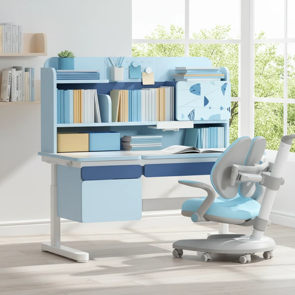 Elementary school desk and bookshelf set with storage drawers, adjustable height, wooden study table for bedrooms