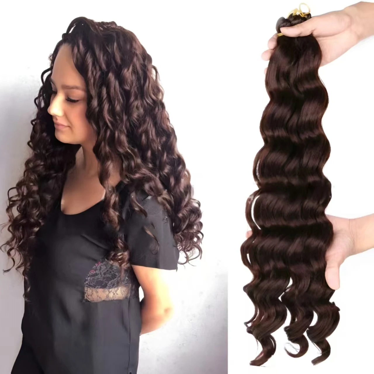 حزم شعر كروشيه مموج عميق للنساء 22 بوصة وصلات شعر صناعية فضفاضة مموجة عميقة أومبير بني اللون درجة حرارة عالية #2