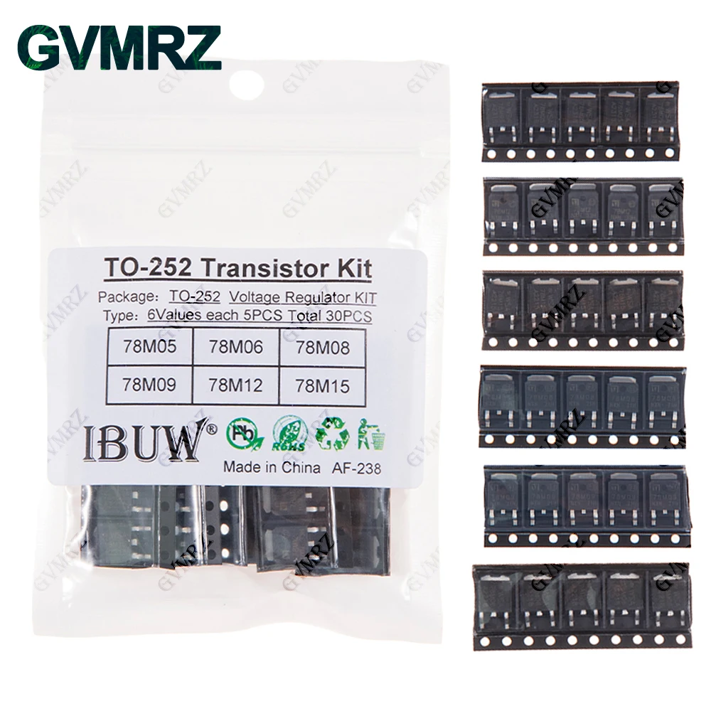 30PCS 6Values TO-252 Transistor Kit (78M05/78M06/78M08/78M09/78M12/78M15) Voltage Regulator for DIY Electronic Power Supply