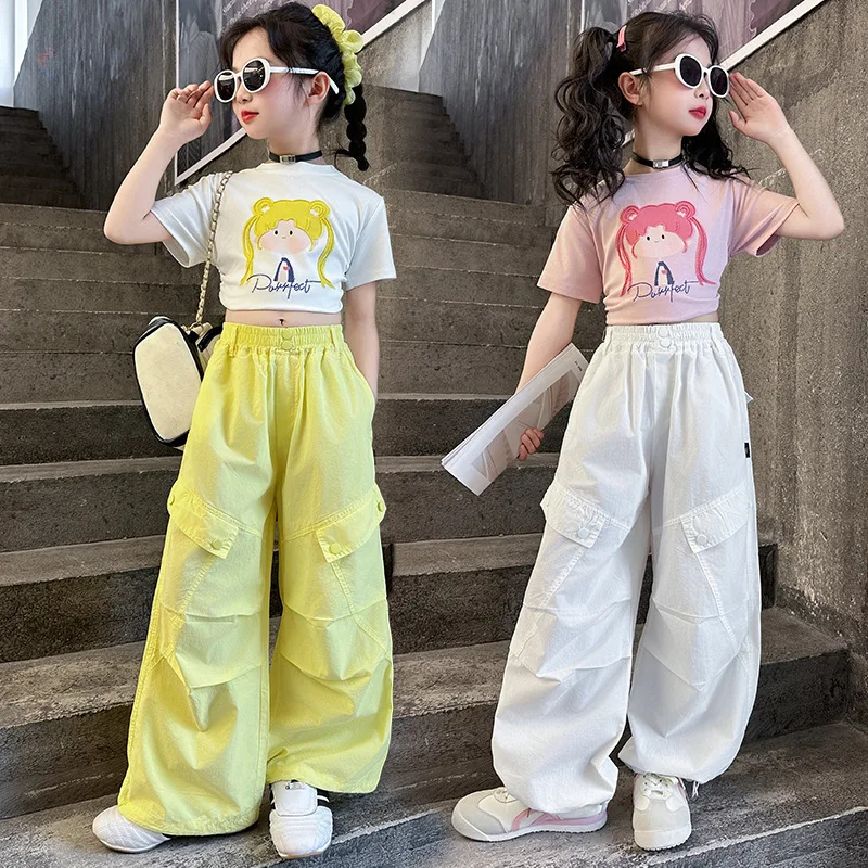 

Teens Girls Casual Cartoon Doll Short Sleeve Cotton T-shirt and Cargo PantsSummer Casual Set for Girl' Outerwear 9T