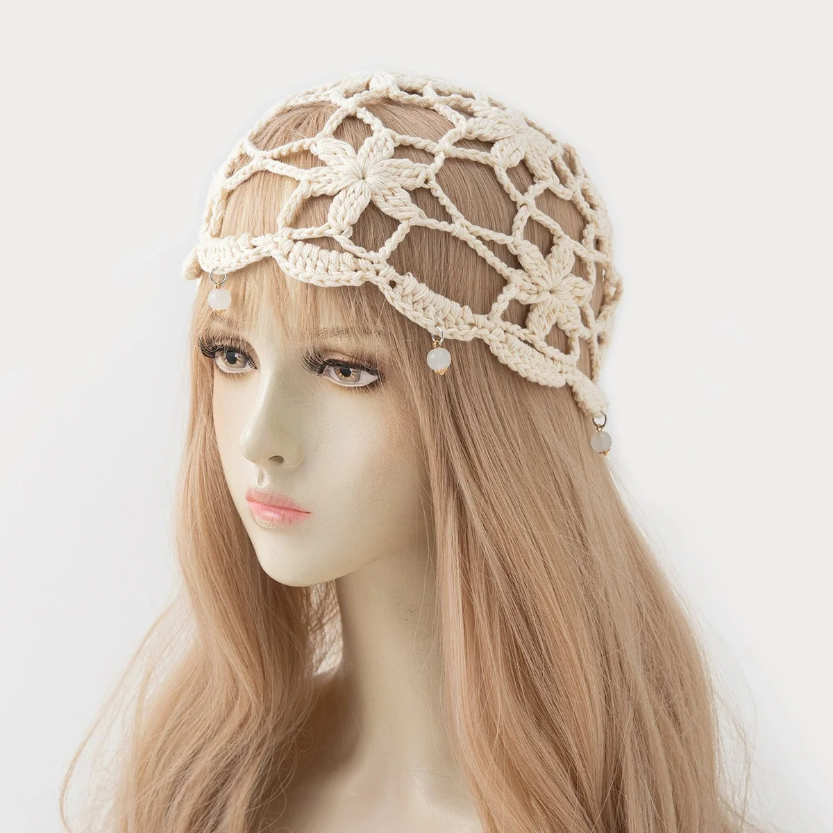 Pearl Pendant Knitted Hat for Women – Elegant and Feminine Openwork Wool Hat, Floral Pull-over Hat, Crocheted Beanie