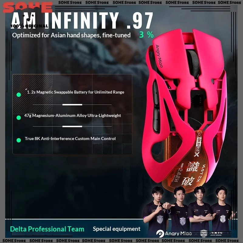 

Новая беспроводная игровая мышь AngryMiao Infinity.97 Neon Pink с возможностью горячей замены, металлическая, ультралегкая, полая, с датчиком PAW3950, двойным режимом работы 8K, проводная, три режима подключения.