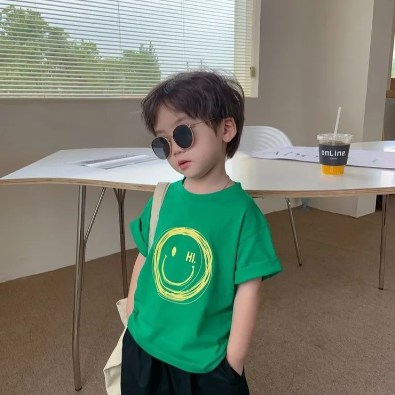 100% Cotton Kids Unisex Round Neck T-Shirt 2026 Summer New Arrival with Cute Smiley Face Print