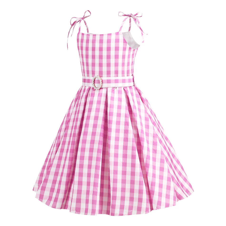 Girls Barbi Cosplay Dress Children Pink Plaid Princess Costume Kids Birthday Party Outfits Fantasy Elegant Gown