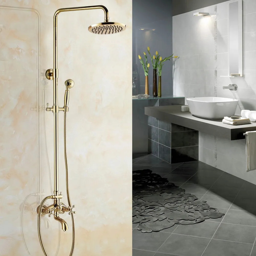 

Luxury Gold Color Brass Bathroom Shower Faucet 8" Rainfall Shower Head Dual Handles with Hand Shower zgf444