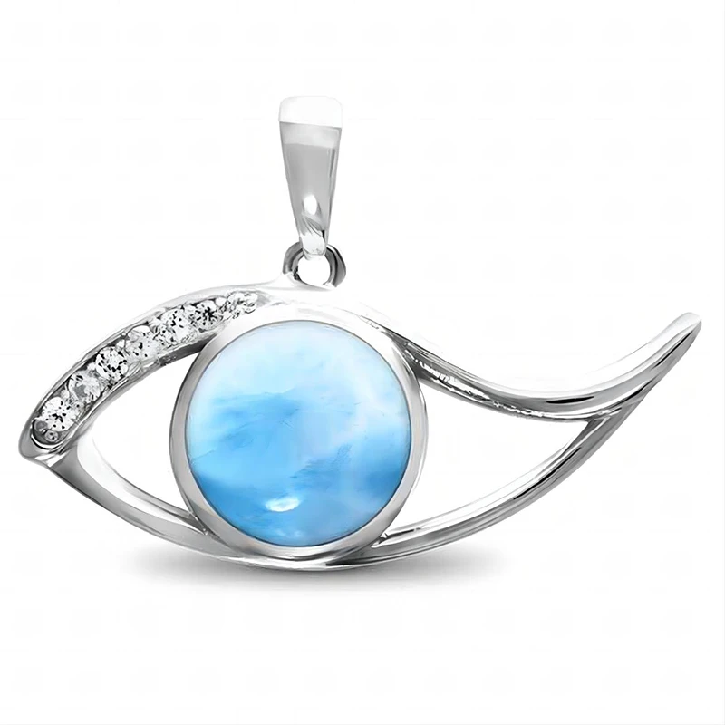 Hawaiian Style Pendant Jewelry Round Stone Eye Pendant Necklace Premium Natural Blue Larimar 925 Sterling Silver For Gift