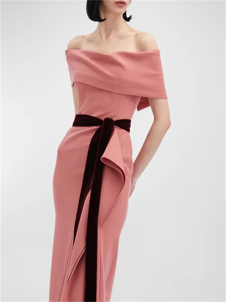 Customized Off-The-Shoulder Neckline Satin Column Evening Dress Elegant Invisible Side Zipper Floor Length Gown For Women 2025