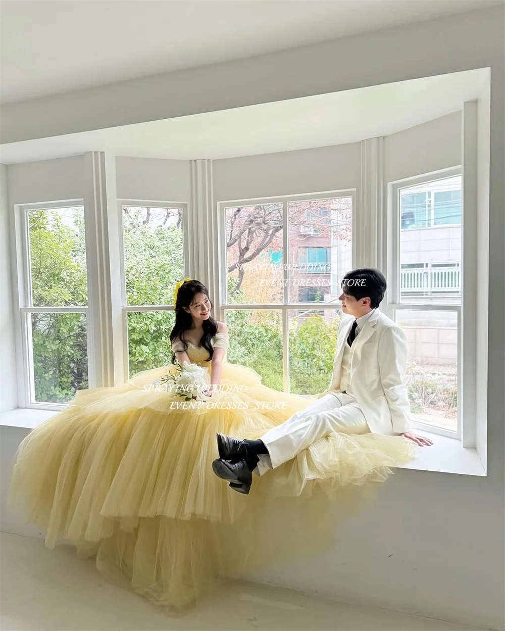 SPRAYING – robe de soirée de luxe en Tulle, col en V, jaune, épaules dénudées, pour séance Photo de mariage coréen, longue, Corset à plusieurs niveaux, personnalisé