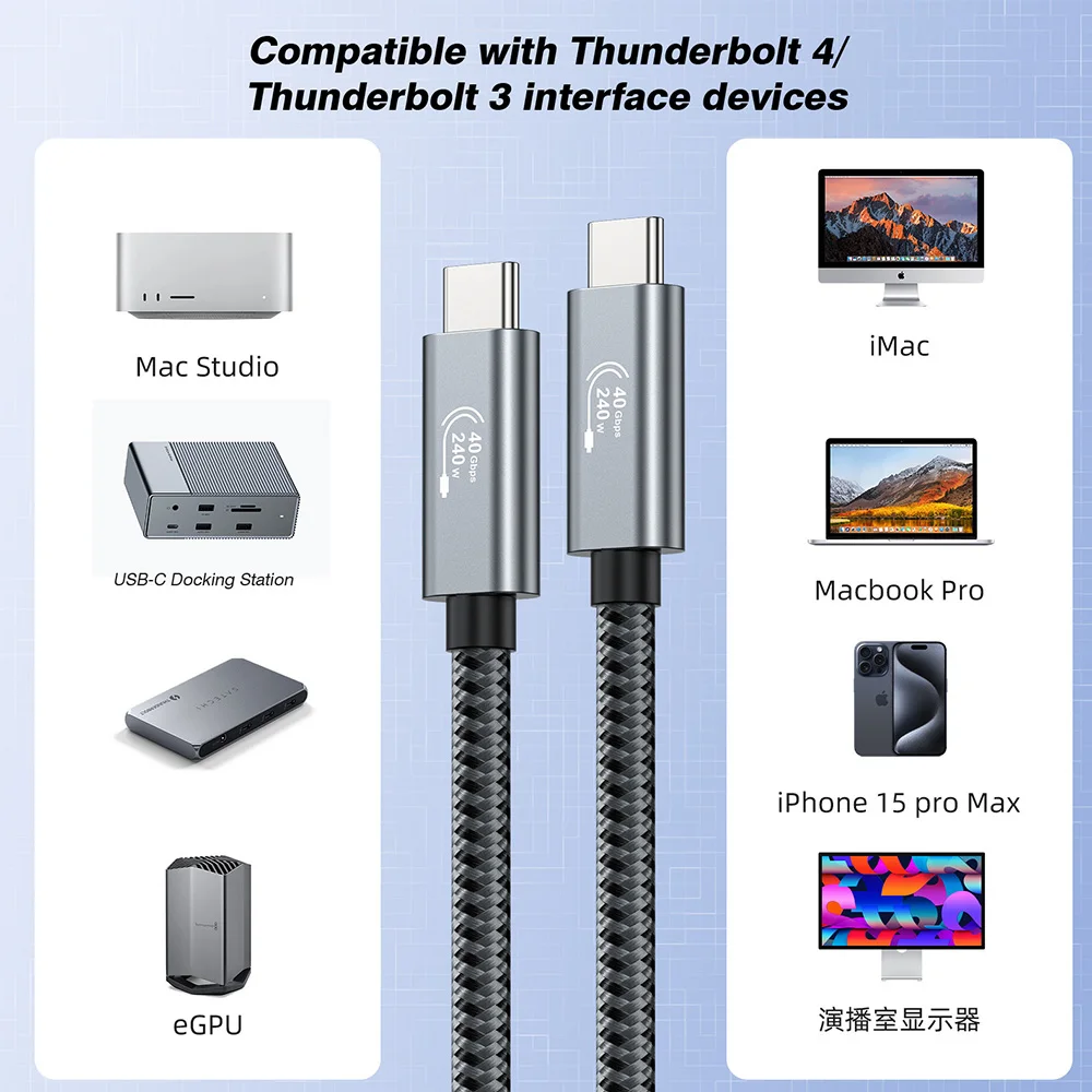 Кабель USB4 40 Гбит/с, 8K при 60 Гц, 4K при 120 Гц, видео, зарядка 240 Вт, совместимый с кабелем USB-C Thunderbolt 4/3 для MacBook Pro/Air Samsung