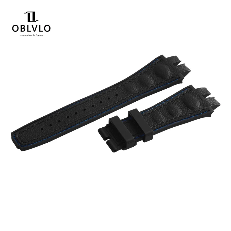 OBLVLO Mens Design Top Layer Cowhide Rubber Stitching Material Genuine Leather Watch Band For LM