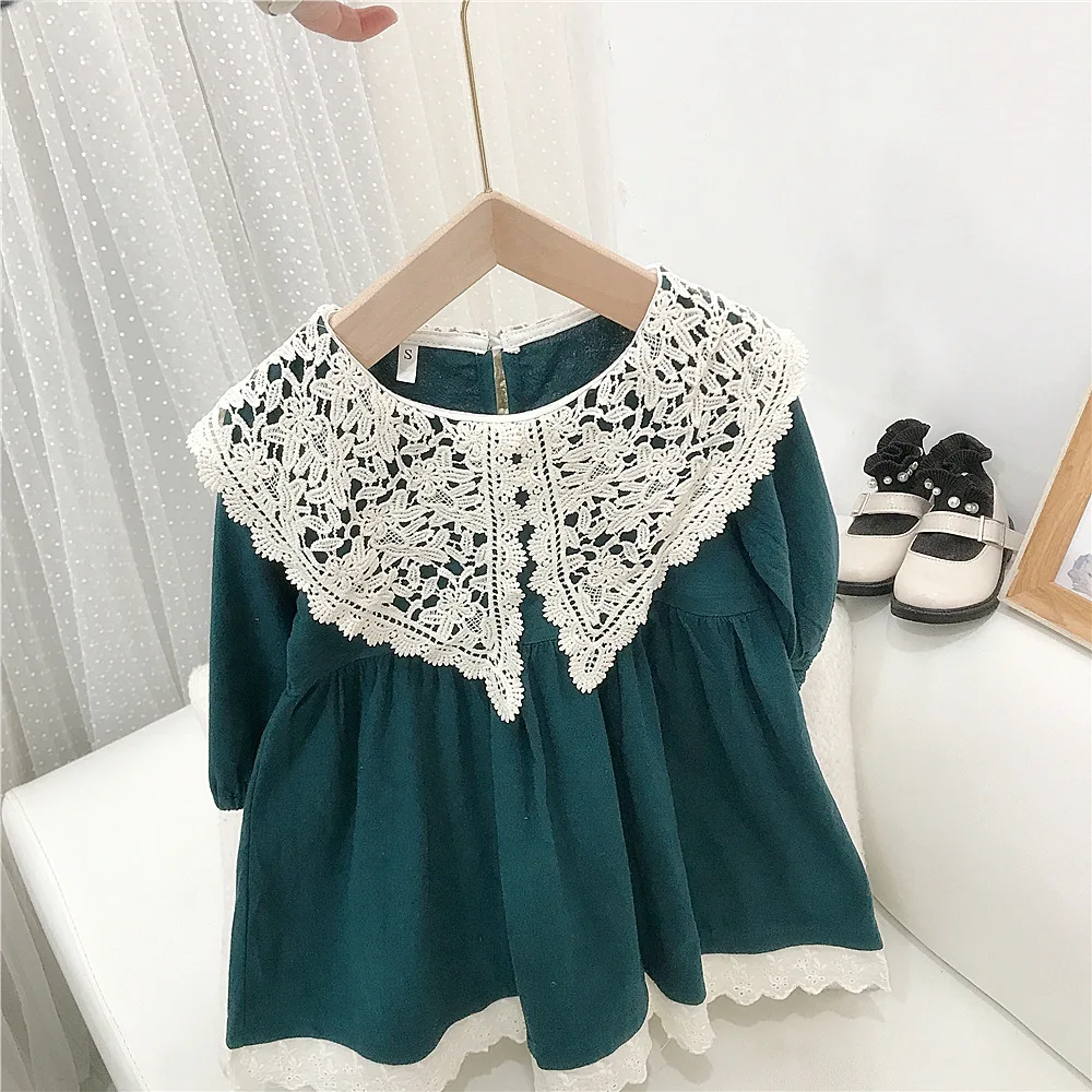 Vintage Lace Doll Collar Girls Dress Spring and Autumn 2024 New Baby Girl Cotton and Linen Foreign Style Princess Skirt