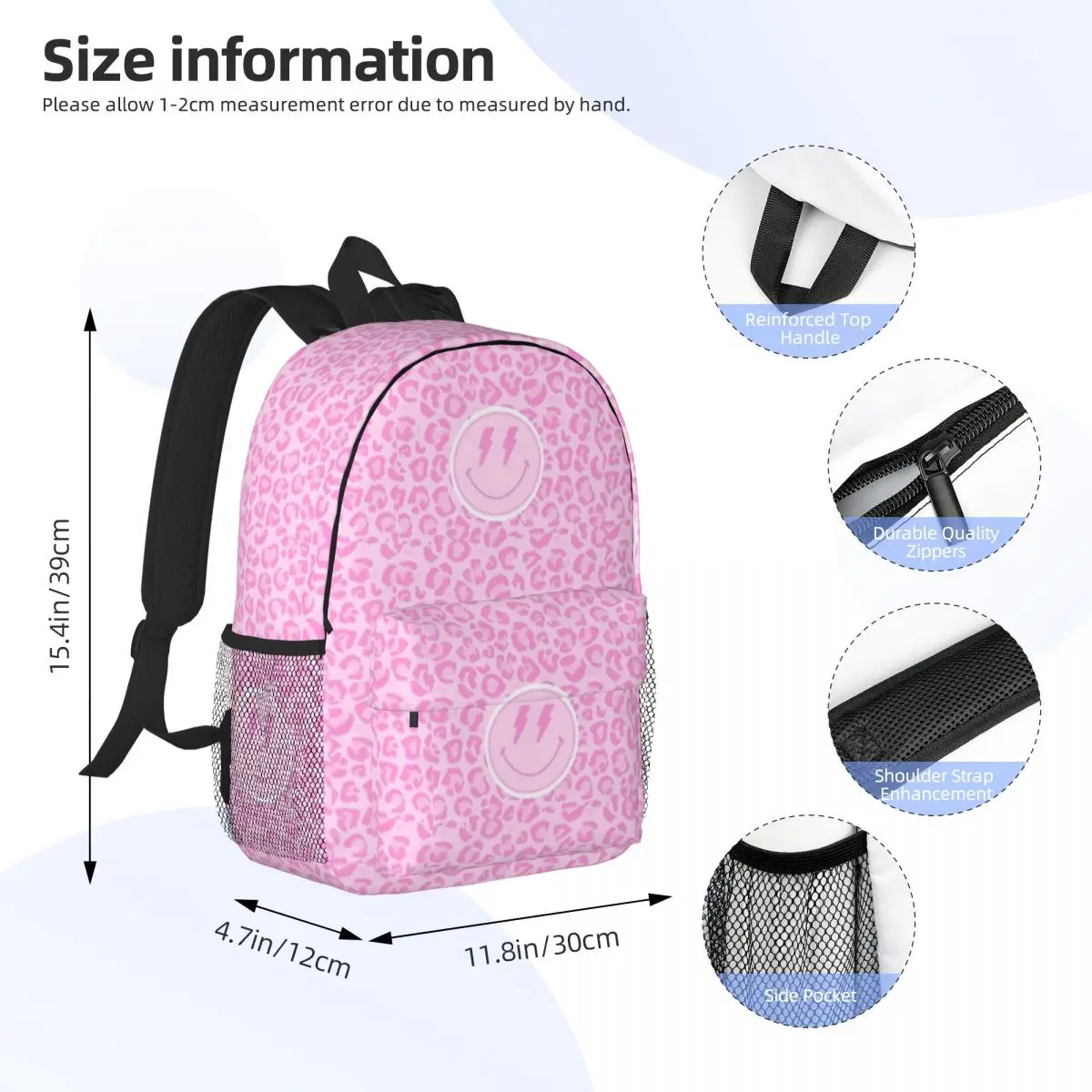 Suministros escolares Preppy para niñas y niños, mochila de estudiante de gran capacidad, rosa, estampado de leopardo, sonrisa, Preppy, 15 pulgadas