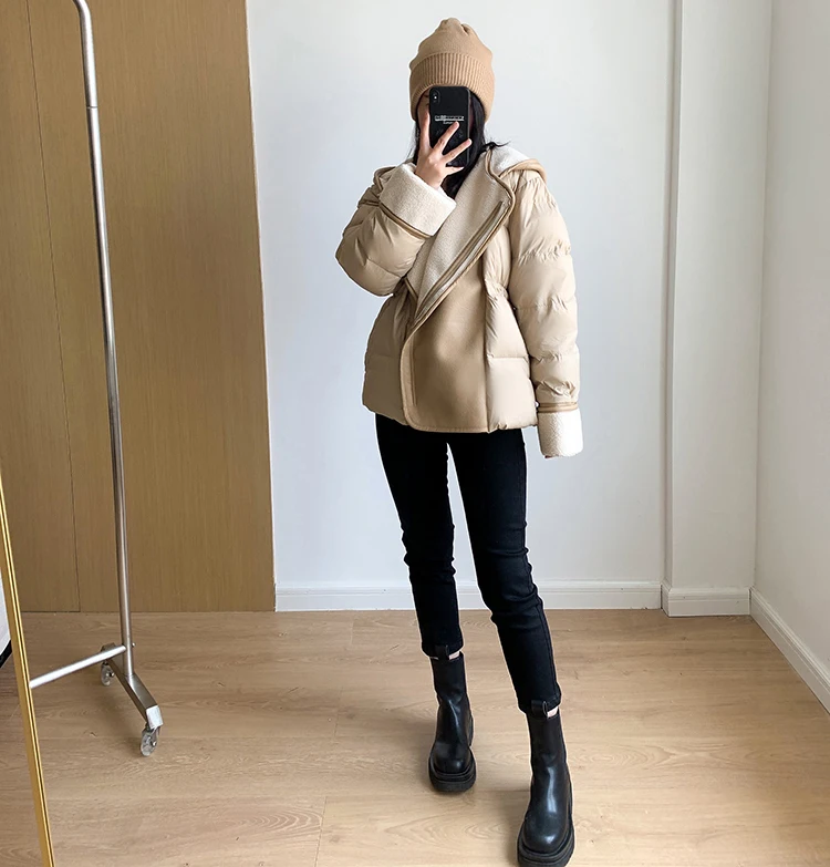 Schinteon Women Lambswool White Duck Down Jacket with Hood Autumn Winter Warm Outwear Casual Patchwork Coat European Style