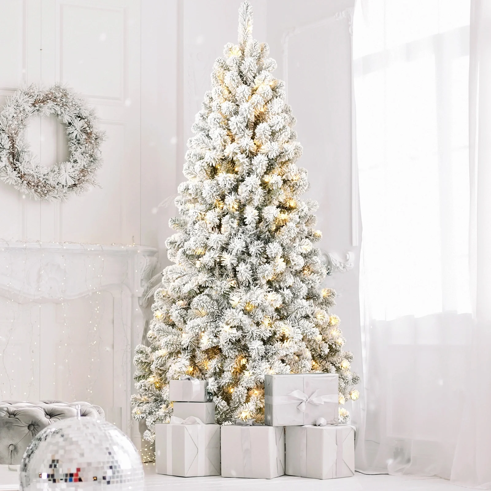 6ft Pre-lit Flocked Artificial Christmas Tree Environmentally Friendly Fireproof Artificial Christmas Flocked Tree