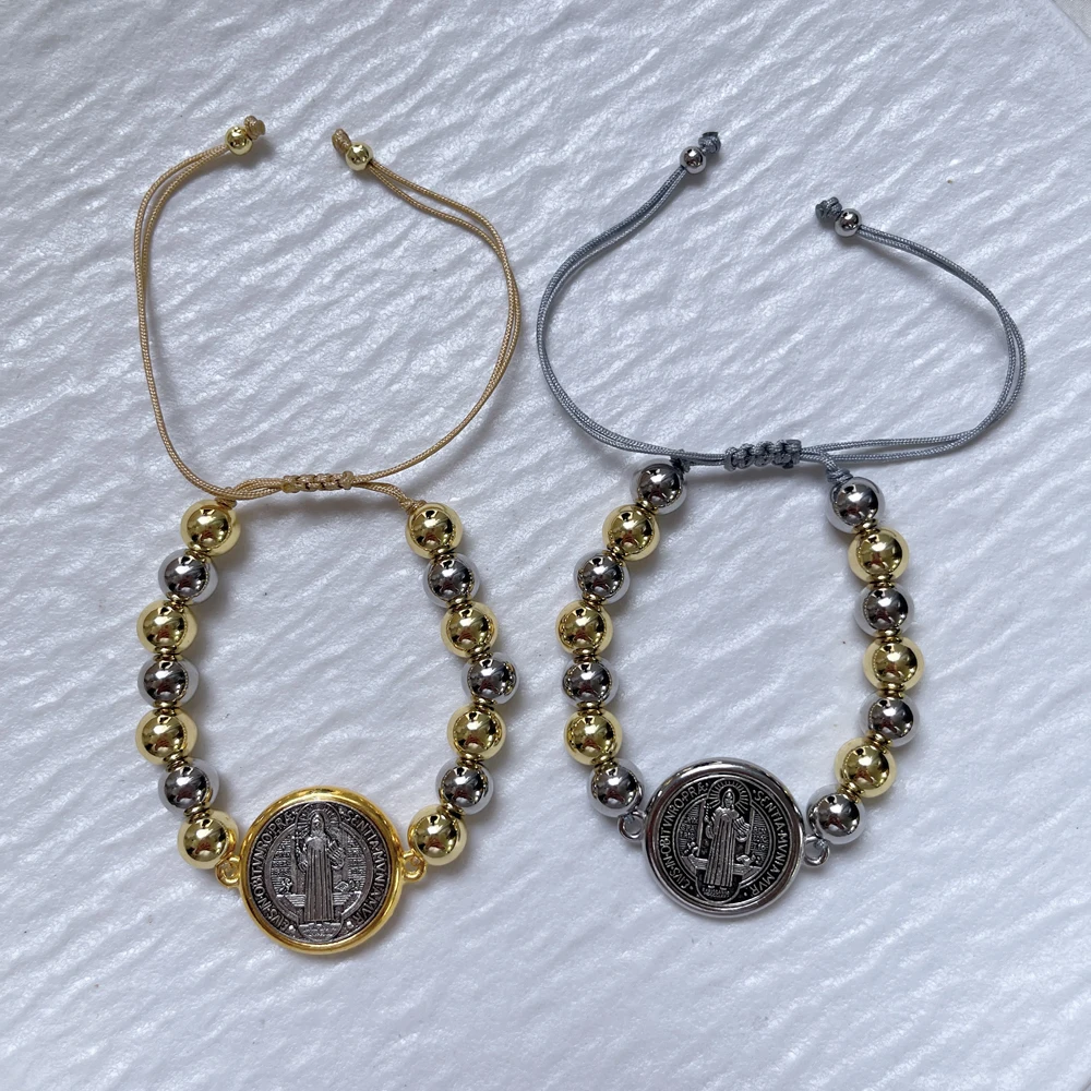 

1 pcs and 5 pcs/lot Religious San Benito Cross Adjustable Beads Bracelet For Women Saint Benedict Charm Beaded Braided Bracelets