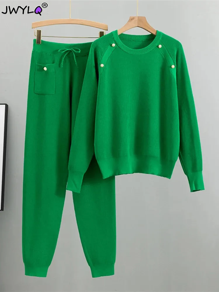 Green O-neck Sweater Pullover 2 Piece Sets Women Casual Knitwear Jumper Outfits Korean Knit Jogger Pant Sweatpants Tracksuit New