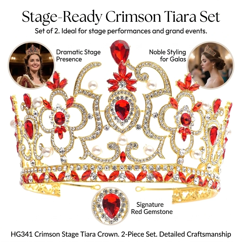 Red Alloy Rhinestone Crown Stage Performance 2 Pieces Set With Durable Electroplated Finish For Adults And Kids - view 5