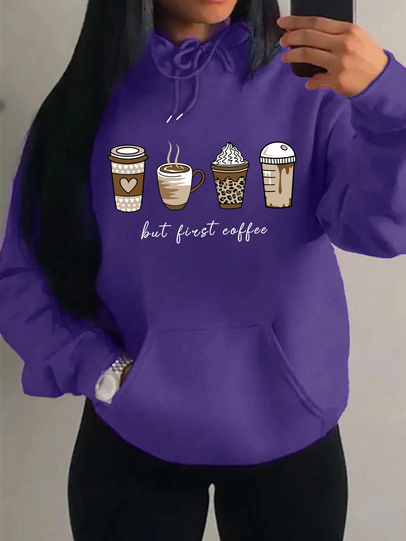 Aber zuerst Kaffee-Cartoons, Kaffeegetränke-Muster, Kapuzenpullover, modische, warme Kapuzenjacke, lässiger, trendiger Sweatshirt, Streetwear, Damenpullover. – Detail 8
