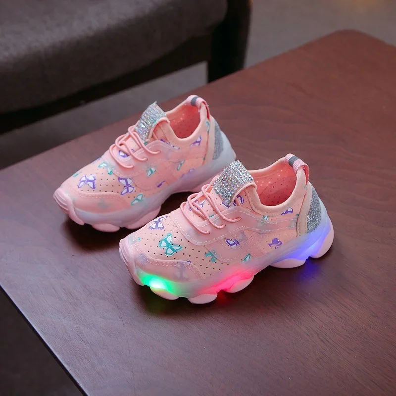 Kid Shoes Children\'s LED Shining Shoes 2023 Spring New Boys Sports Shoes Girls Elastic Fabric Sequins Casual Shoes Zapatillas