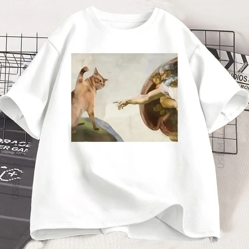 Funny Cat God Creation of Adam Meme T-Shirt Men Women Casuals Short Sleeve Jesus T Shirt Fashion Harajuku Kawaii Y2K Clothing