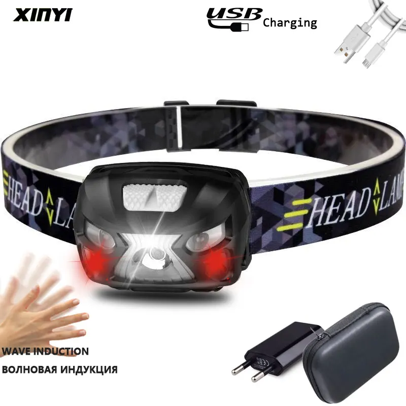 

USB Rechargeable Powerfull Headlamp Rechargeable LED Headlight Motion Sensor Head Flashlight Camping Torch Light Lamp