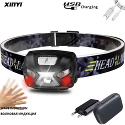 USB Rechargeable Powerfull Headlamp Rechargeable LED Headlight Motion Sensor Head Flashlight Camping Torch Light Lamp