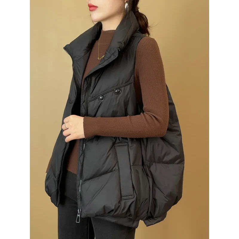 Chaleco ultraligero sin mangas para mujer, corto, a prueba de viento, chaleco cálido, chaqueta de plumón de pato blanco, mujer, otoño, invierno