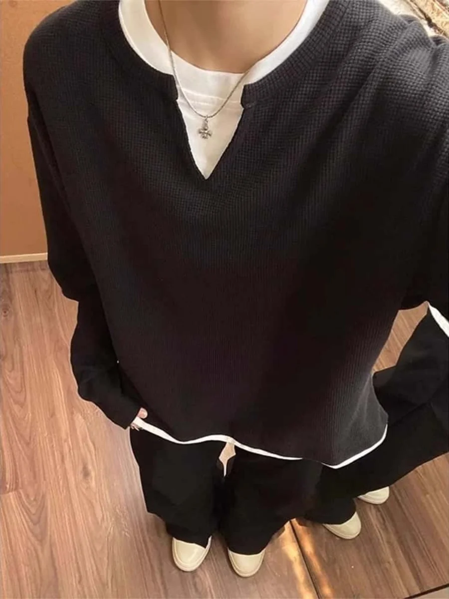 

Американская мужская толстовка с длинным рукавом и v-образным вырезом, приталенная футболка CleanFit, модная тяжелая весенне-осенняя одежда в стиле ретро