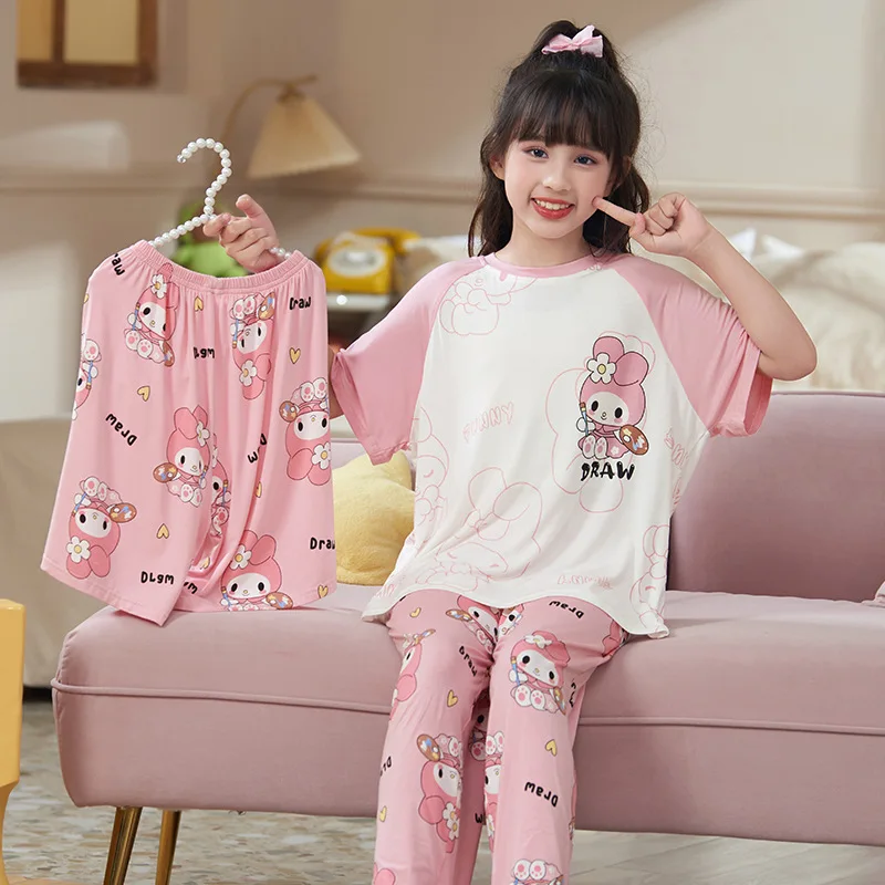 Sanrio 2024 New Girls Pajamas Pajamas Pants Three-Piece Set Summer Home Clothes Cartoon My Melody Kuromi Girls Clothing Gift