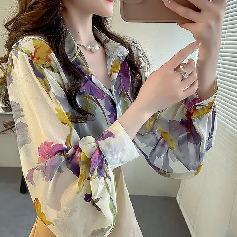 Fashion Temperament Long Sleeve Shirts Ladies Printing Perspective Women Clothing Summer Sexy Sunscreen Buttons Vintage Blouses