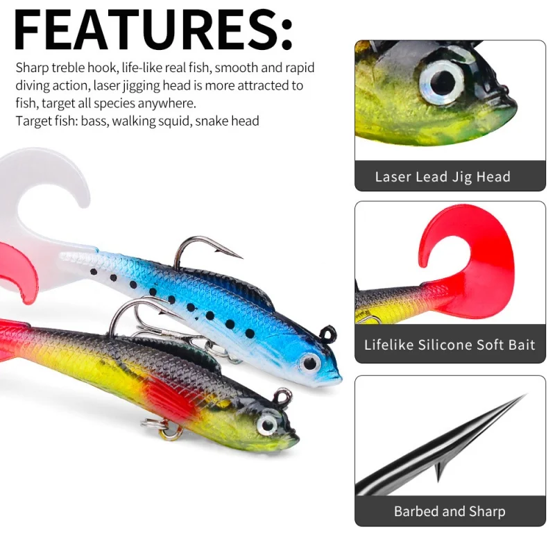 New 5/1PC Artificial Silicone Fishing Lures Soft Bionic Swimbait Curl Tail Lead Headed Fish Bait with Hooks Sinking Baits Tackle