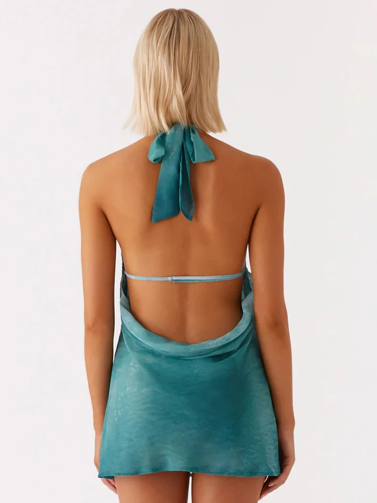 Tie Dye Halter Backless Sexy Mini Dress Women Robe Hollow Out Off-shoulder Sleeveless Beach Club Party Dress Elegant