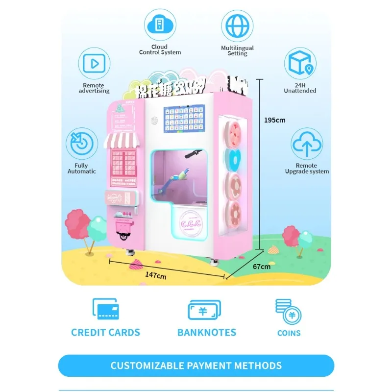 Full Automatic Electric Cotton Candy Vending Machine Candy Floss Machine with Cart/Trolley Cotton Machine For Sale