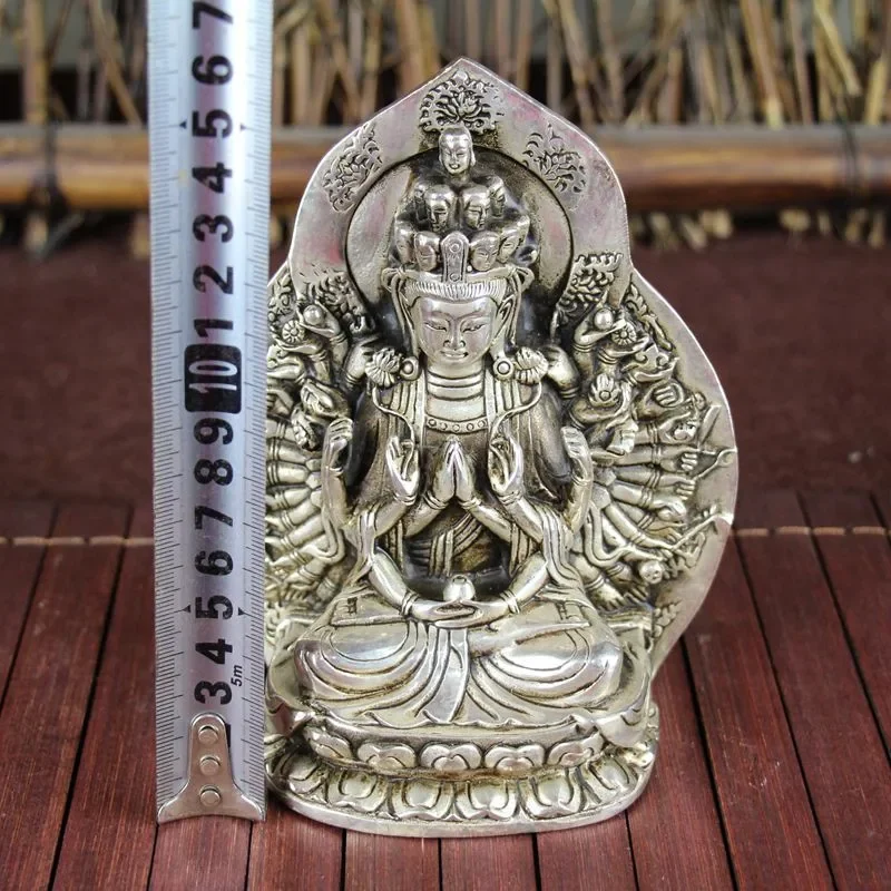 China antiguo Feng Shui adornos cobre blanco Chapado en plata miles de manos estatua de Buda Guanyin