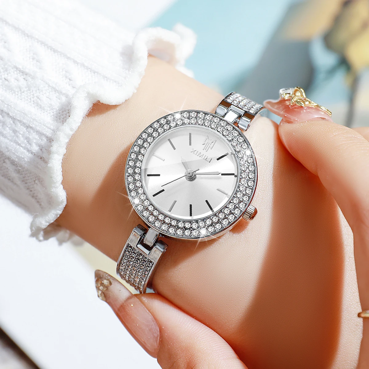 Fashion Diamond Women Watch Silver Bangle Bracelet Quartz Ladies Wristwatches Girls Clock Gift Relogio Feminino (Without Box)