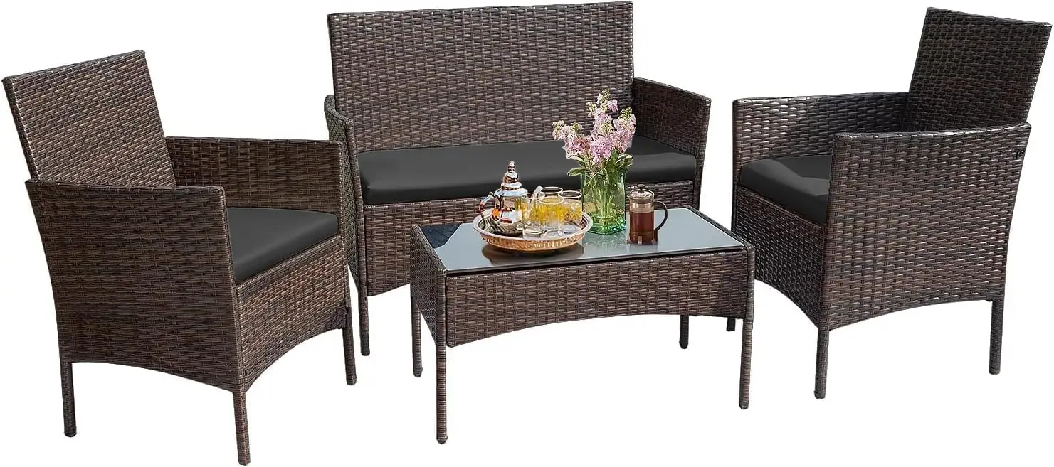 Almofada PE Wicker Rattan Cadeiras com mesa de café, Mobiliário exterior, Pátio Set, Jardim Poolside Porch, quintal, 4 pcs