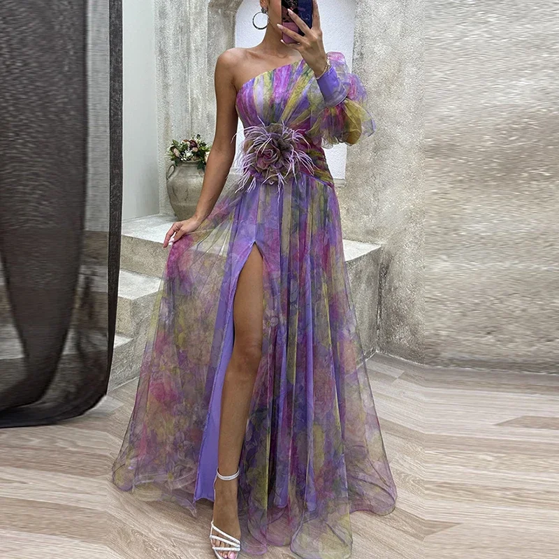Sexy Contrasting Color Flower Print Party Dress Women Fashion One Shoulder Sleeve Long Dresses For Women Evening Robe