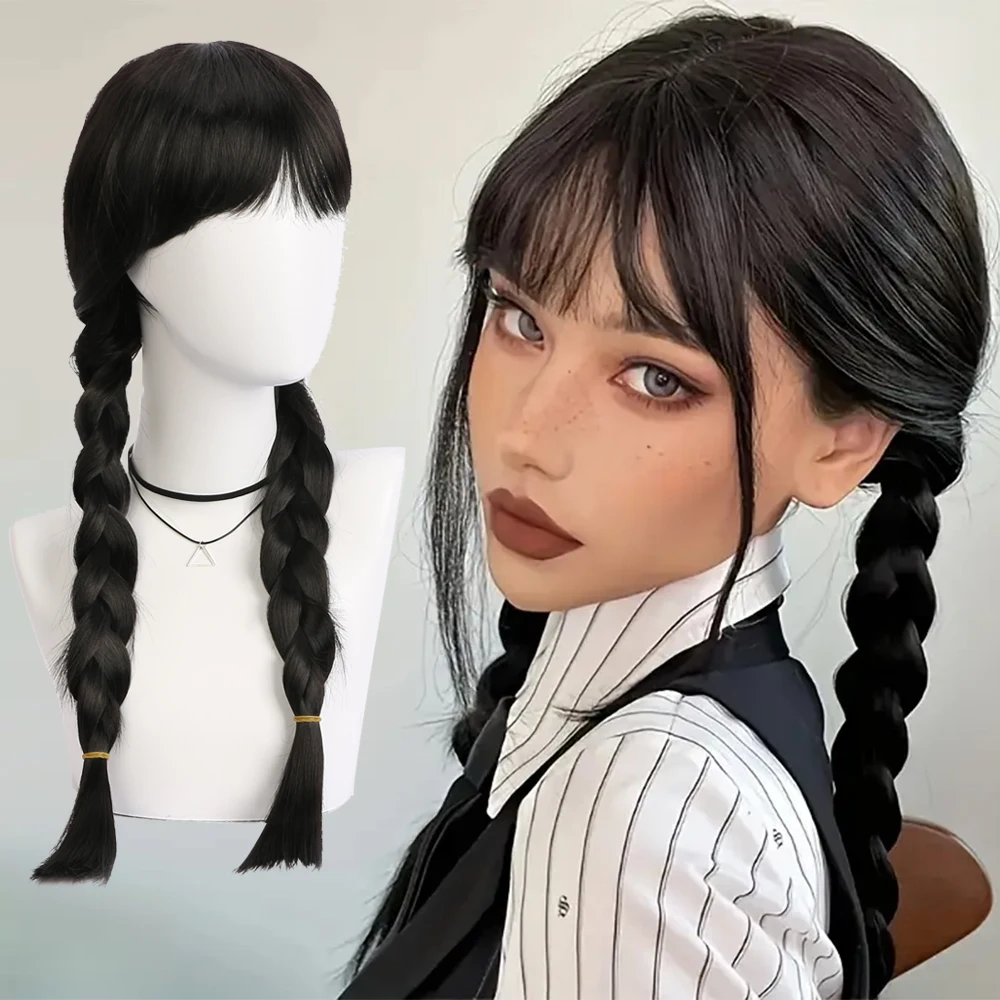 Wednesday Addams Cosplay Wig Long Black Braids Hair Heat Resistant Synthetic Wigs with Bangs for Halloween Party