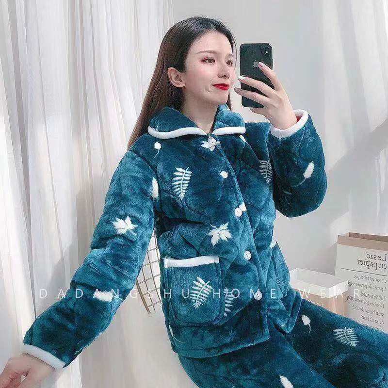 Pyjamas for Women Autumn Winter Coral Velvet Three Layers Laminated Cotton Thickened Warm Fluffy Elderly Homewear Mother Winter