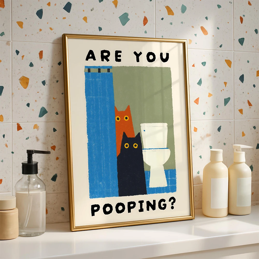 Lustige Poster, niedliche Katze, die aus dem Loch schaut, sind Sie beim Poopieren? Leinwanddruck, Wanddekoration für Zuhause, Badezimmer, Toilette, ungerahmt